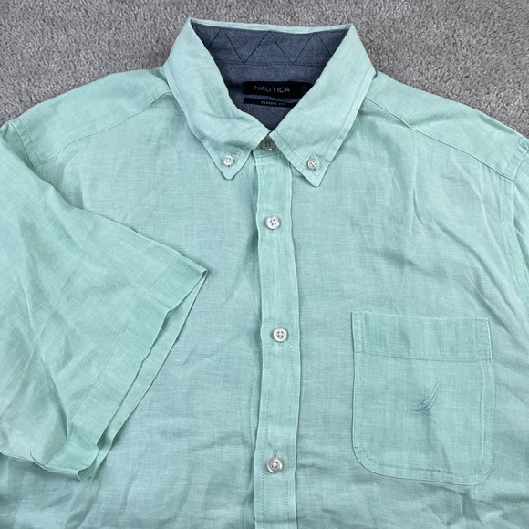 Nautica Shirt Mens Medium Green Linen Short Sleeve Collared Button Up Coastal‎ - Picture 2 of 12